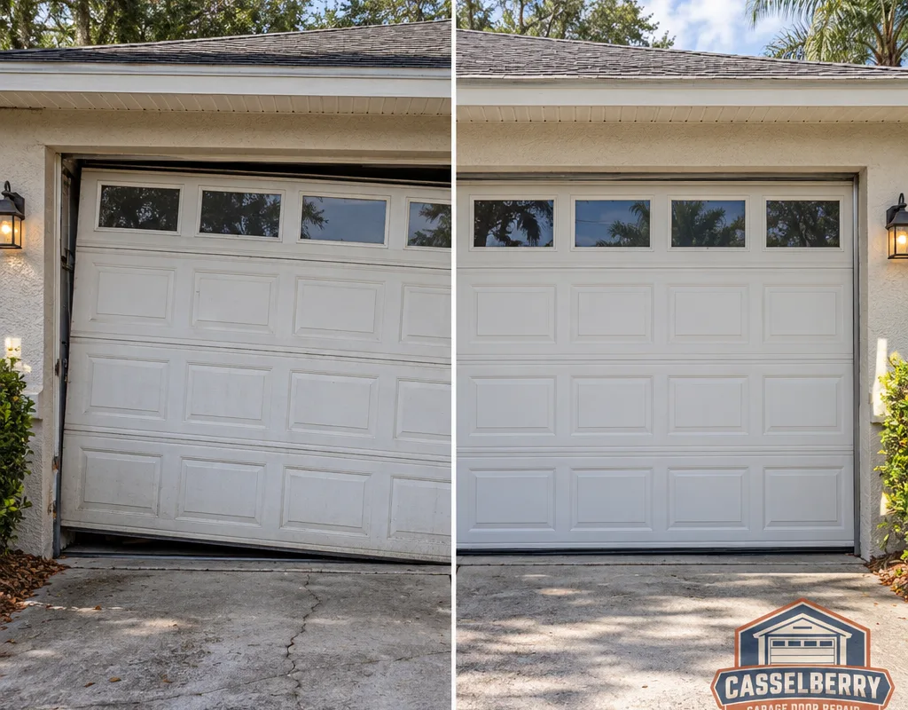 Before-and-after view of a crooked garage door, then level and centered after track and roller correction
