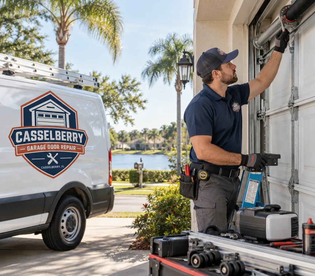 Technician beside a residential sectional garage door in a Casselberry driveway with repair tools, springs, rollers, and opener rail visible