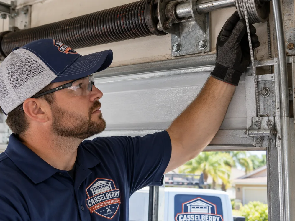 Technician inspecting a garage door torsion spring, center bearing plate, and cable alignment