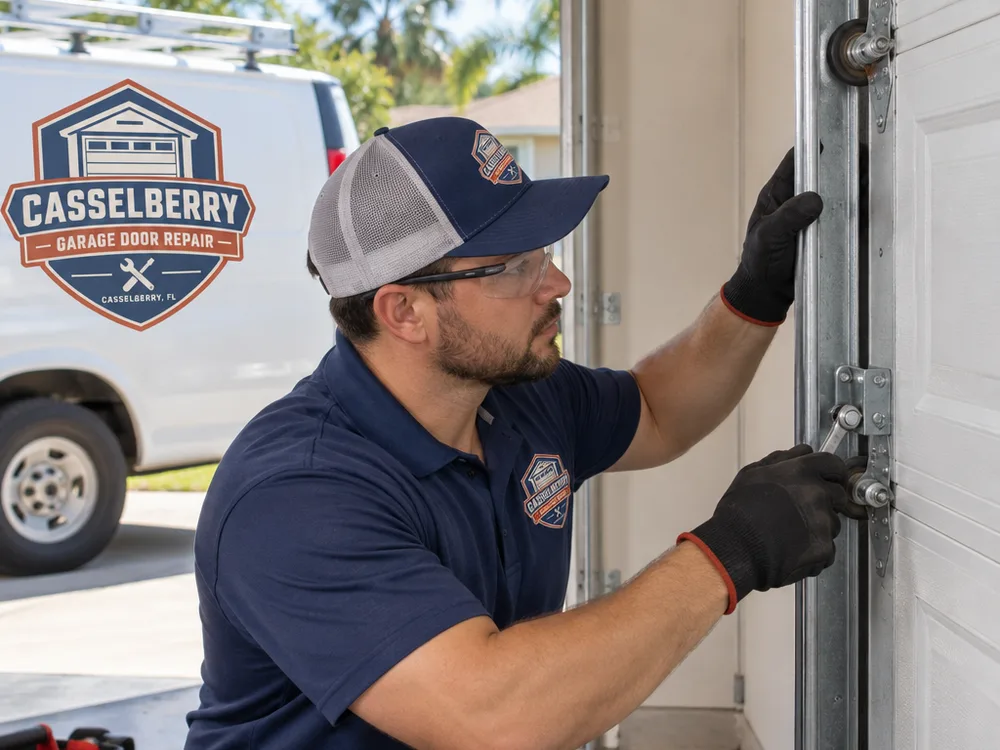 Technician adjusting vertical track brackets and verifying roller spacing on a residential sectional door
