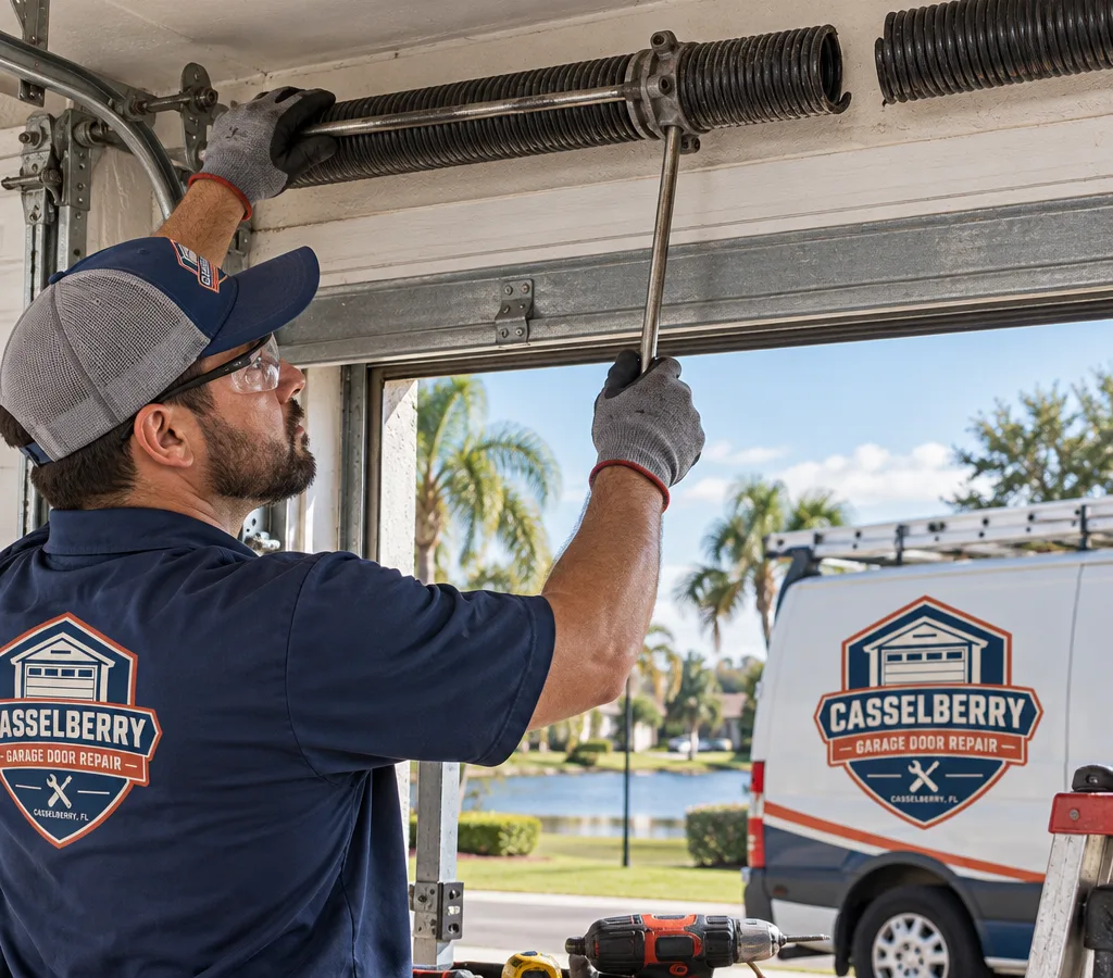 Technician's gloved hands inspecting a broken torsion spring with safety winding bars above a residential garage door