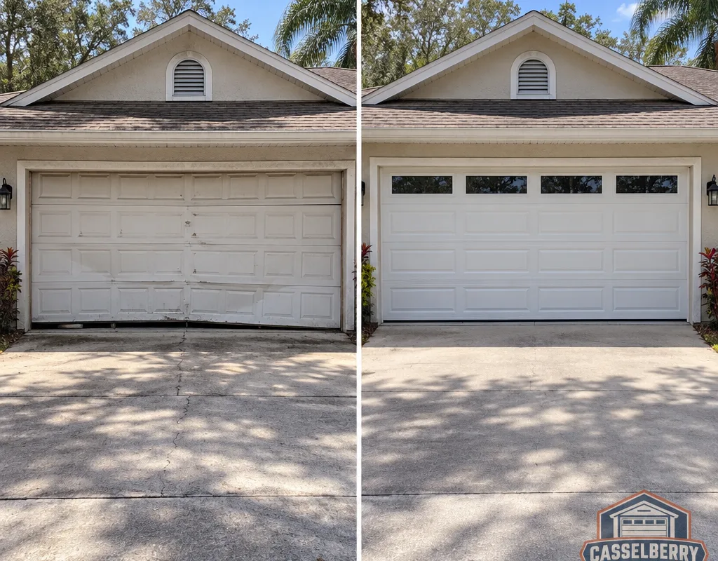 Before and after of a faded, dented garage door replaced with a new insulated steel door with even bottom seal contact