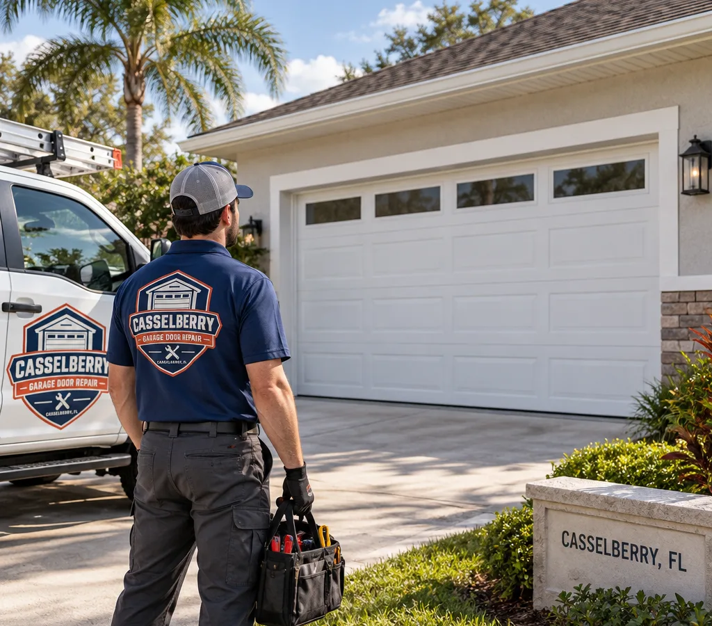 Freshly installed modern sectional garage door on a Casselberry-area home with even jamb reveals and a clean bottom seal contact line