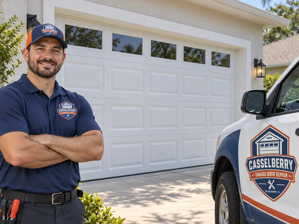 Modern raised-panel steel garage door installed on a Florida home with aligned panels