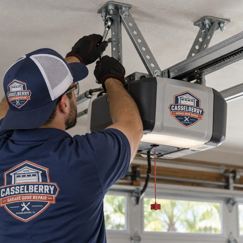 Ceiling-mounted garage door opener with reinforced supports and straight rail alignment