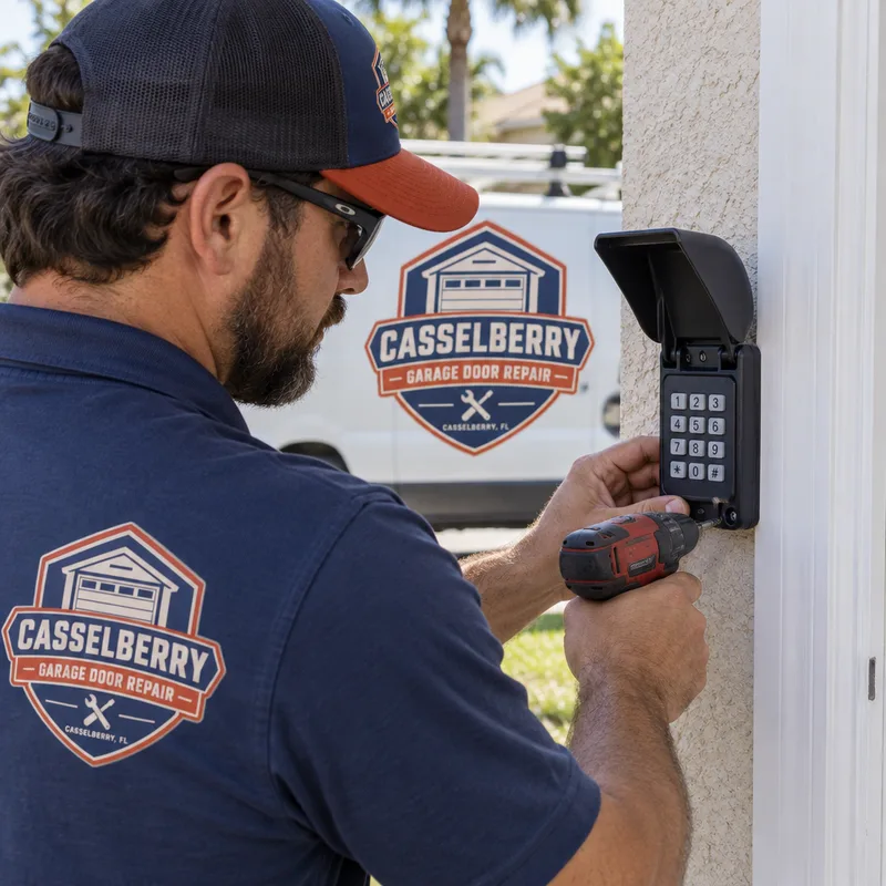 Weather-resistant garage door keypad mounted beside the garage door jamb