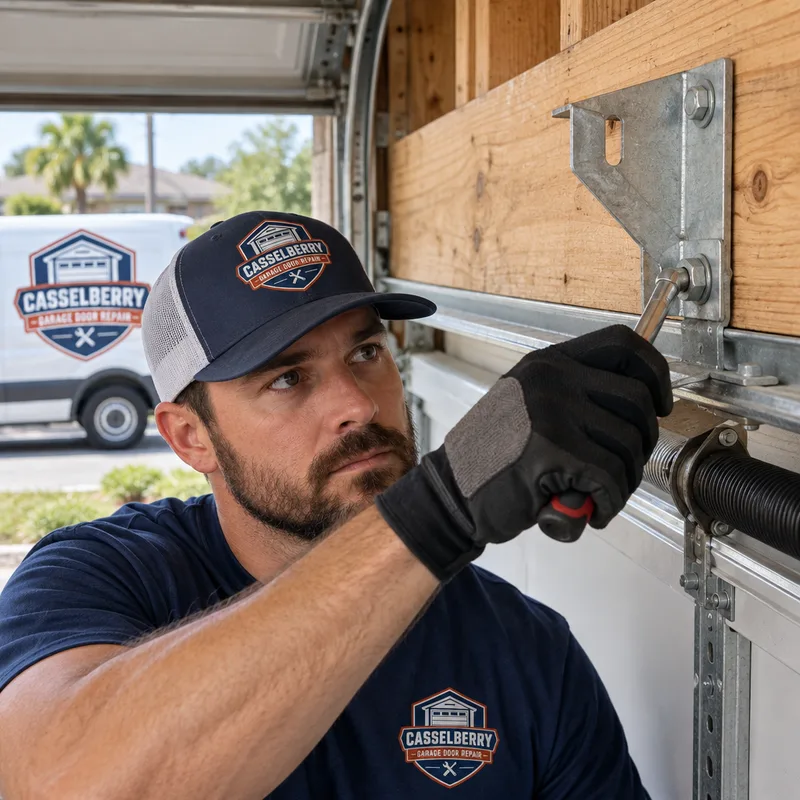Properly positioned garage door opener header bracket fastened to solid framing