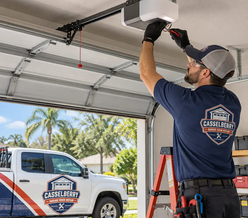 Technician installing and aligning a modern ceiling-mounted garage door opener in a residential garage