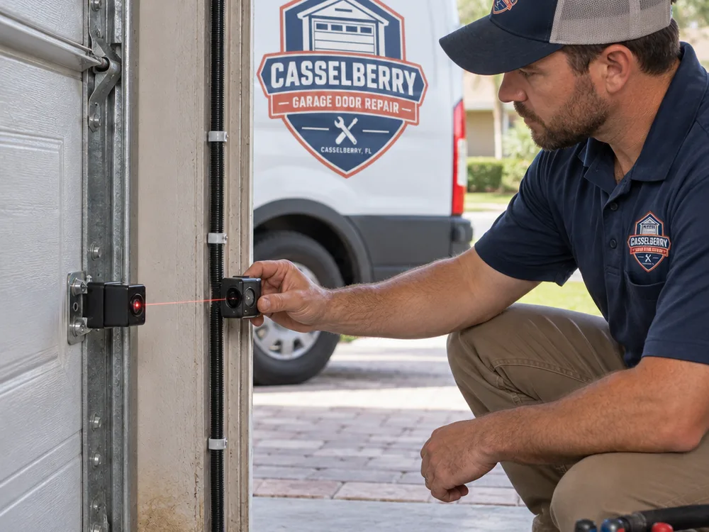 Installer checking the alignment and wiring of garage door safety photo-eye sensors