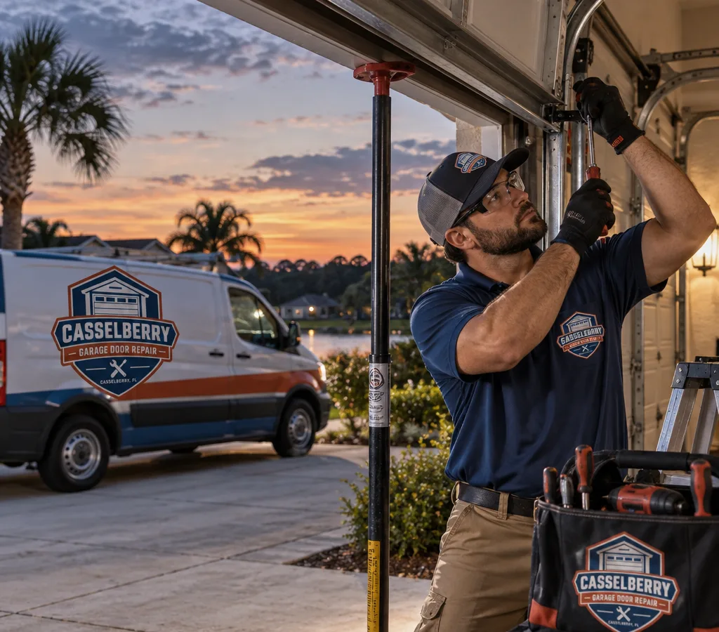 Technician working on a safely supported partially open residential garage door at dusk with tools visible