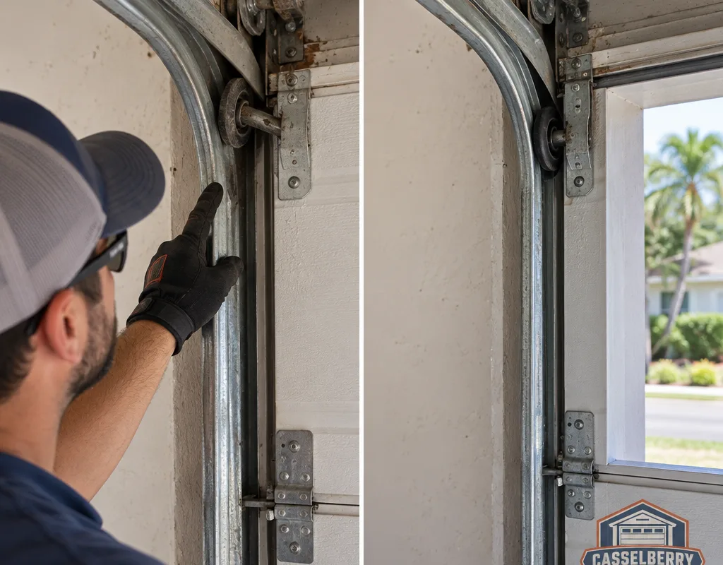 Before-and-after view of an off-track garage door followed by the same door with its roller seated and track aligned