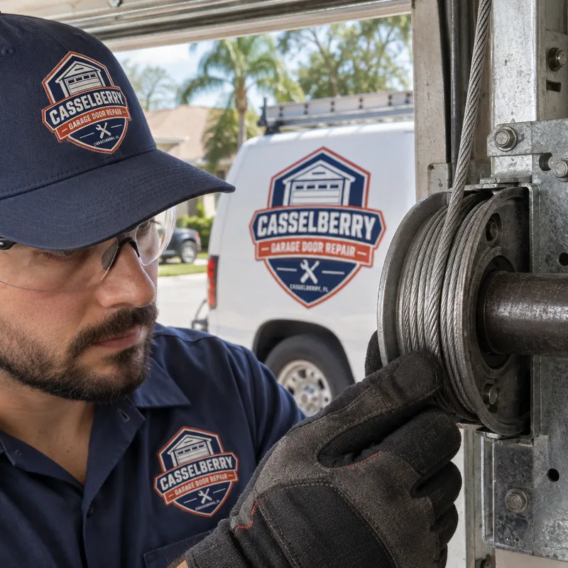 Lift cable seated correctly in a garage door drum groove with proper wrap direction and tension